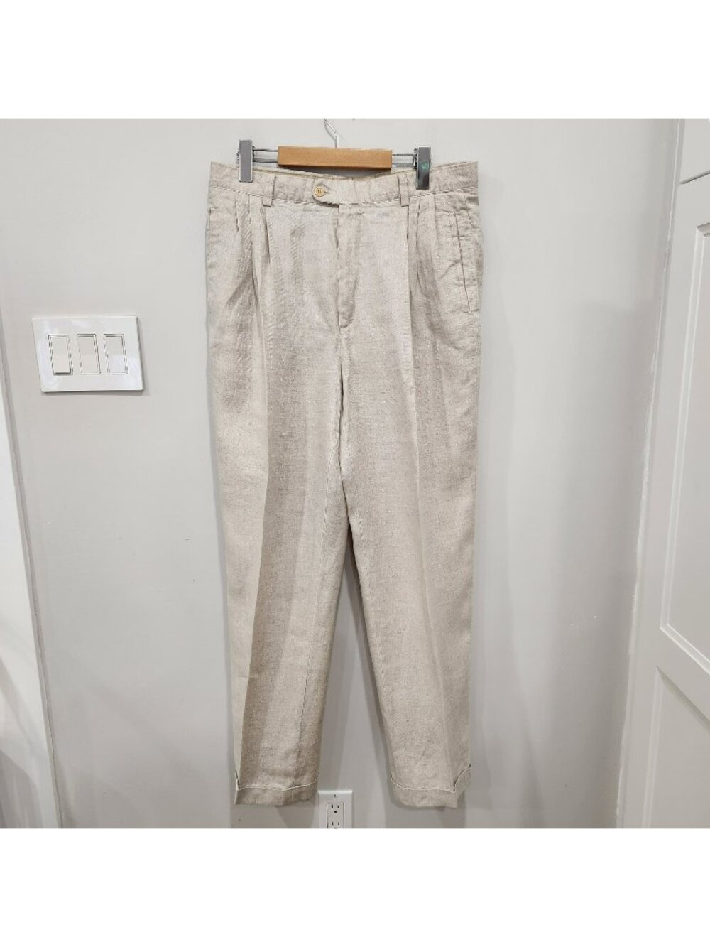 Zanella Casper Dress Pants Mens 34x31 100% Linen Pleated Cuffed Trousers Italy